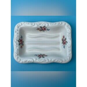 Vintage Athena Soap Dish White Ceramic Floral Pink Yellow Made USA Cottagecore